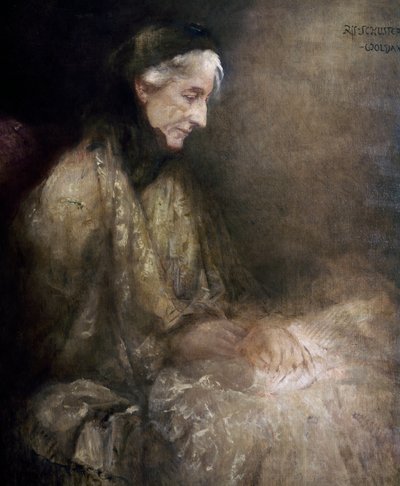 Portrett av Cosima Wagner (1838 - 1930), datter av Franz Liszt, kone til Richard Wagner (olje på lerret) av Raffael Woldan Schuster