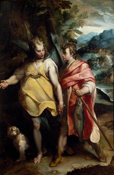 Tobias og engel, av Raffaellino da Reggio (1550-1578) av Raffaellino da Reggio (c.1550 78)
