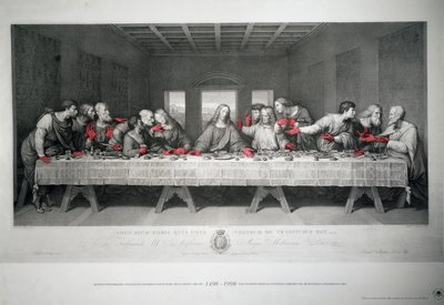Gravering laget for å markere 500-årsjubileet for siste nattverd av Leonardo da Vinci i Santa Maria delle Grazie, Milano av Raffaello Sanzio Morghen