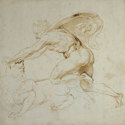 Hercules overmanner en løve (penn og brunt blekk på hvitt papir) av Raffaello Sanzio Raphael