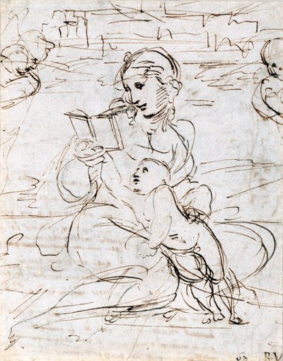 Leser Madonna og barn i et landskap mellom to kjerubhoder, 1509 av Raffaello Sanzio Raphael
