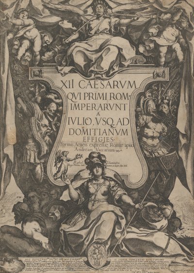 Frontispice med en trompetist klingende trompeter plassert på toppen av en kartusj flankert av tr..., 1606. av Raffaello Schiaminossi