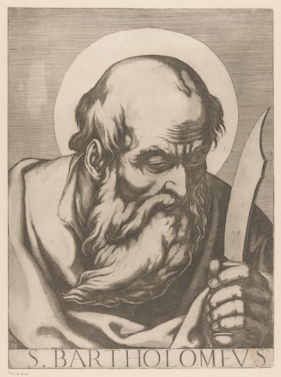 Sankt Bartolomeus S. Bartholomew (tittel på objekt) Kristus, Maria og de tolv apostlene (serietittel) Il sacrato collegio apostolico (serietittel) av Raffaello Schiaminossi