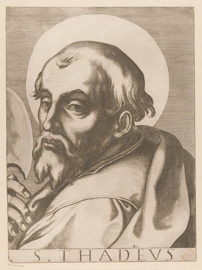 Heilige Judas Taddeus S. Thadeus (tittel på objekt) Christus, Maria en de twaalf apostelen (serietittel) Il sacrato collegio apostolico (serietittel) av Raffaello Schiaminossi