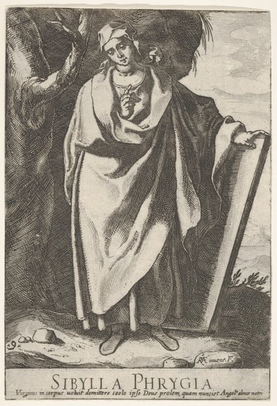 Plate 9: den frygiske sibyllen som holder toppen av et nettbrett med venstre hånd og peker mot..., 1609. av Raffaello Schiaminossi