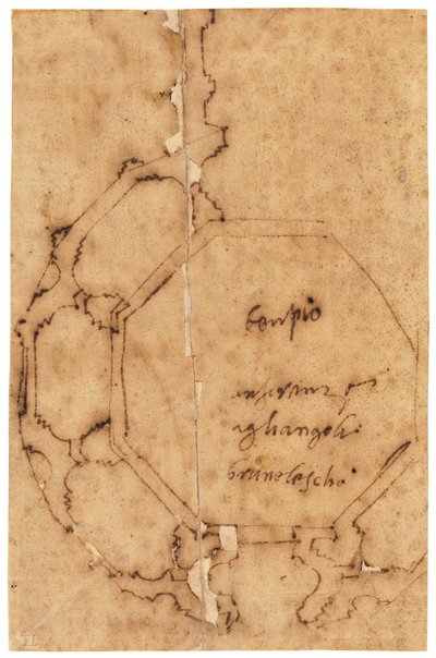 En grunnplan av Santa Maria degli Angeli, Firenze (penn og brunt blekk, på oljet kalkerpapir) av Raffaello da Montelupo