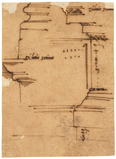 En skisse av hovedentablementet til Septimius Severus-buen, Roma (penn og brunt blekk, på oljet kalkerpapir) av Raffaello da Montelupo
