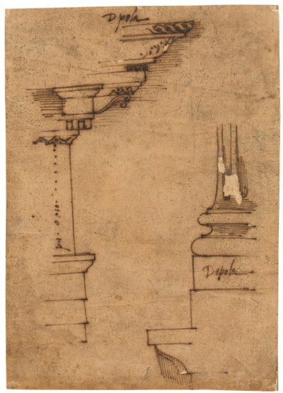 Design for entablement og sokkel av en pidestall (penn og brunt blekk, på oljet kalkerpapir) av Raffaello da Montelupo