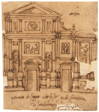 Design for fasaden til San Lorenzo, Firenze (penn og brunt blekk, på oljet kalkerpapir) av Raffaello da Montelupo