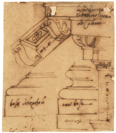 Skisser av ulike elementer av Konstantinbuen, Roma (penn og brunt blekk, på oljet kalkerpapir) av Raffaello da Montelupo