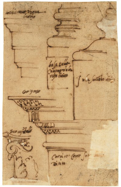 Skisser av ulike elementer av Titusbuen, Roma (penn og brunt blekk, på oljet kalkerpapir) av Raffaello da Montelupo