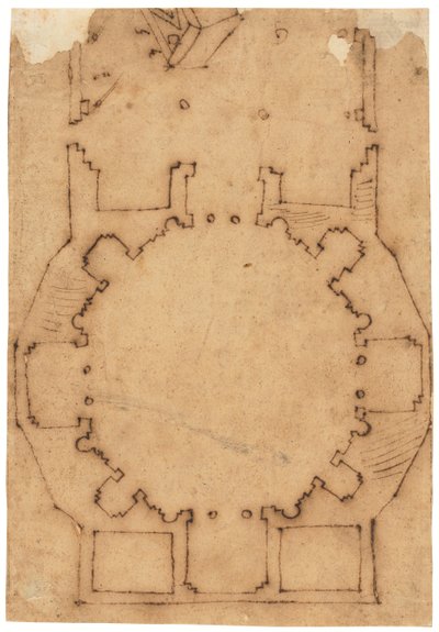 Grunnplan av en kirke (penn og brunt blekk, på oljet kalkerpapir) av Raffaello da Montelupo