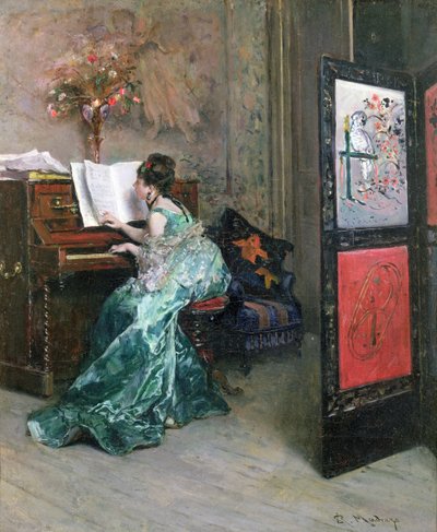 Dame som spiller piano i et interiør av Raimundo de Madrazo y Garreta