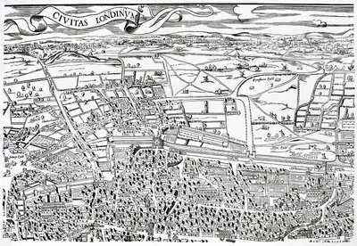 Detail of London North of the city from Civitas Londinium (woodblock print) av Ralph Agas