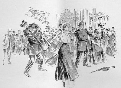 The Irrepressible Suffragettes skaper en avledning i lobbyen, fra en artikkel med tittelen 