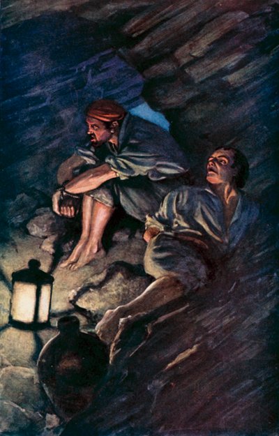 Illustrasjon for Robinson Crusoe av Daniel Defoe (farge litho) av Ralph Noel Pocock