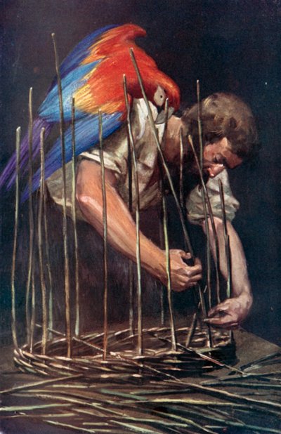 Illustrasjon for Robinson Crusoe av Daniel Defoe (farge litho) av Ralph Noel Pocock