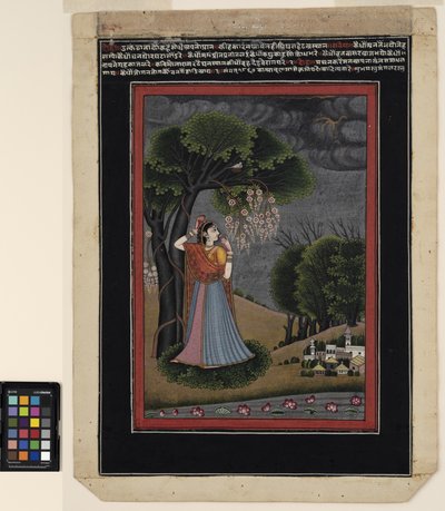 En nayika-lengsel etter sin elskede, ca. 1790 (ugjennomsiktig akvarell og gull på papir) av Ram Mola