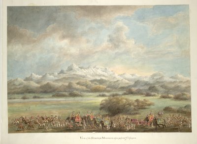 Lord og Lady Hastings, på elefanter, passerer foran Himalaya nar Kashipur av Ram Sita