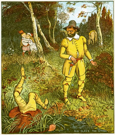 "Og den som var av mildest humør, drepte den andre der", illustrasjon fra Babes in the wood av Randolph Caldecott