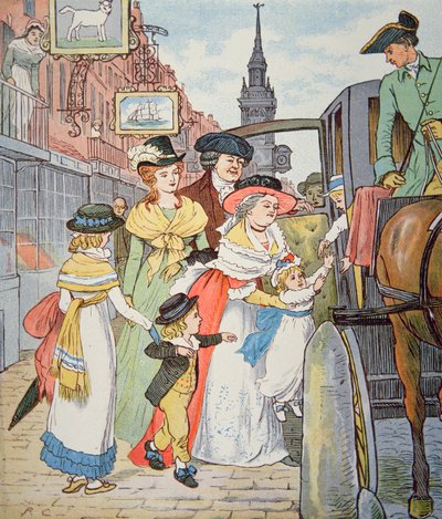 Familieliv i kolonitidens Amerika - Gatescene i Boston (akvarell på papir) av Randolph Caldecott
