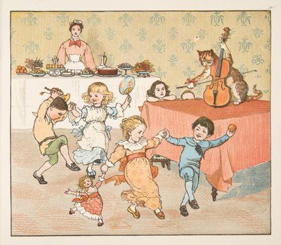 Hey, diddle, diddle, fra The Hey Diddle Diddle Picture Book, pub.1882 (fargegravering) av Randolph Caldecott