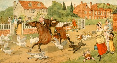 John Gilpin galopperer gjennom en landsby, 1878, c1918. av Randolph Caldecott