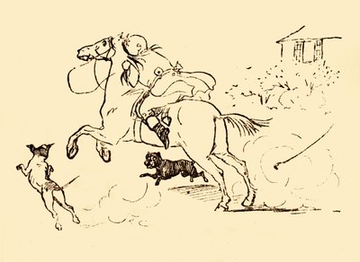 John Gilpin blir jaget av hunder mens hesten hans galopperer ut av kontroll, 1878, c1918. av Randolph Caldecott