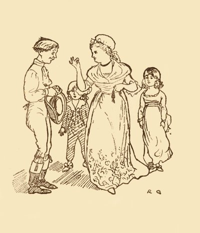 Fru Gilpin betaler postgutten for å finne mannen sin, 1878, c1918. av Randolph Caldecott