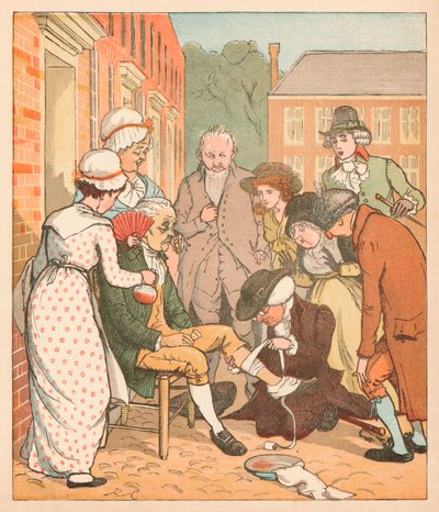 Naboer som kler den gode mannen fra Islingtons bite, c1879. av Randolph Caldecott