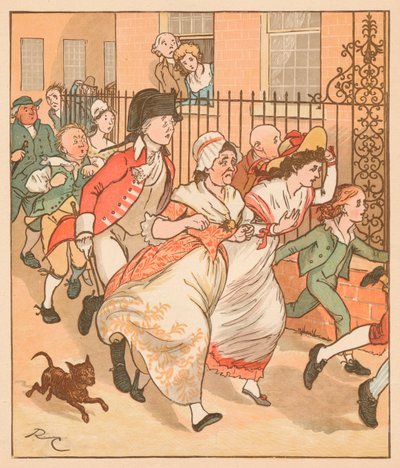 Naboer skynder seg for å hjelpe den gode mannen fra Islington, c1879. av Randolph Caldecott