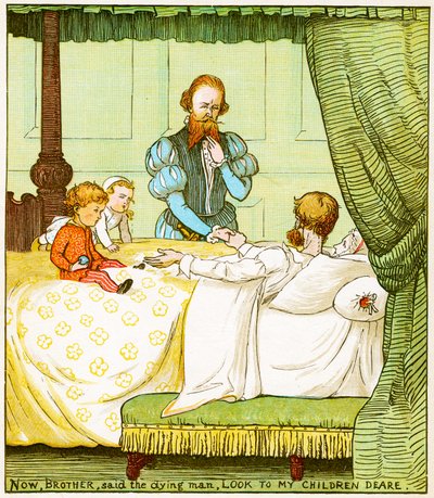 "Nå, bror, sa den døende mannen, se til mine barn kjære", illustrasjon fra Babes in the wood av Randolph Caldecott