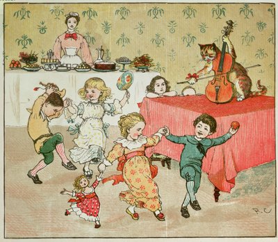 The Cat and the Fiddle and the Children's Party-illustrasjonen fra Hey Diddle Diddle av Randolph Caldecott