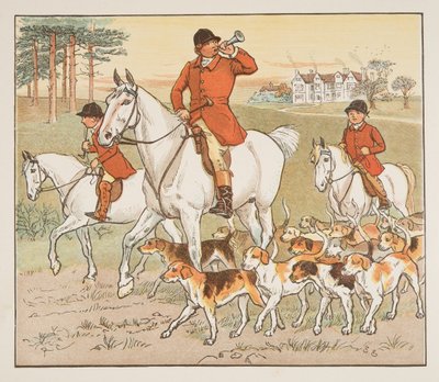 The Huntsman Blows his Horn, fra The Hey Diddle Diddle Picture Book, pub.1882 (fargegravering) av Randolph Caldecott