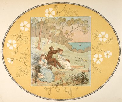 To kvinner og en mann sitter i en lysning nær kysten. Blomsterkant. av Randolph Caldecott