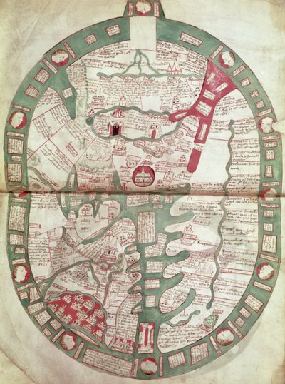 Roy.Ms.14 C. f.1 1v-2r Kart over verden med Jerusalem som sentrum, Polychronicon, ca. 1380 (vellum) av Ranulf Higden