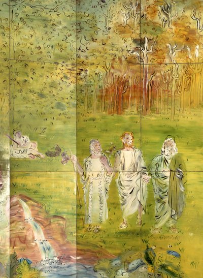 Arkimedes (287–212 f.Kr.), Thales (625–547 f.Kr.) og Aristoteles (384–322 f.Kr.) fra «La Fee Electricite» av Raoul Dufy