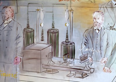 La Fee Electricite, detalj: Portretter av Wilhelm Conrad Rontgen (1845–1923), tysk fysiker. 1937 (maleri) av Raoul Dufy