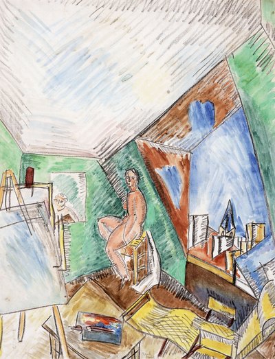 Kunstnerens atelier; L#39;Atelier de l#39;Artiste, rue Seguier i Paris, ca. 1909 (akvarell og svart fargestift på papir) av Raoul Dufy