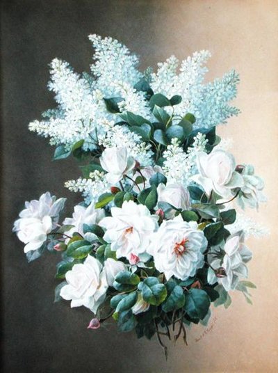 Syriner og roser, ca. 1900 (gouache på papir) av Raoul M. de Longpre