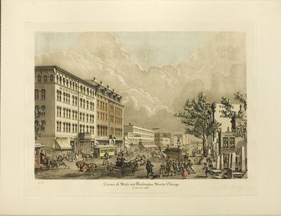 Corner of State og Washington Streets, Chicago, i år 1865 av Raoul Varin