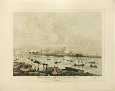 Michigan Avenue ved foten av Madison Street, Chicago, med utsikt over Illinois sentralstasjon i år 1864 av Raoul Varin