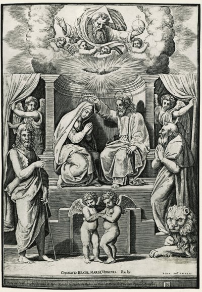 Kroning av jomfru i nærvær av døperen Johannes og den hellige Hieronymus av Raphael (1483 1520) (after)