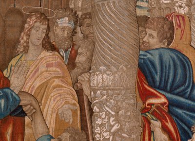 flamsk billedvev. Serie Apostlenes gjerninger. Miraklet til den lamme mannen (El milagro del paralítico). Tredje billedvev i serien. Modell tegneserie av Rafael Sanzio. 1519. Fremstilling Jan Raes II, Brussel. Ca1605-1629. Stoff Silke og ull. Størrelse 524 av Raphael