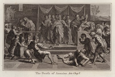 Raphael tegneserie: Ananias død, Apostlenes gjerninger, kap V (gravering) av after Raphael