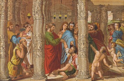 Helbredelsen av den lamme mannen (fargelitografi) av Raphael (1483-1520) (after)