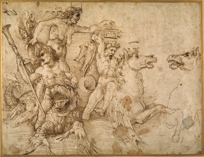 Battle of the Tritons, etter Andrea Mantegna (penn og brunt blekk på hvitt papir) av Raphael