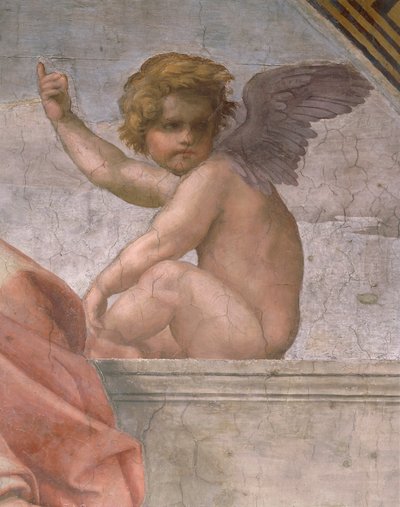 Putto skildrer tro, detalj om kardinal og teologiske dyder og loven av Raphael (1483-1520)