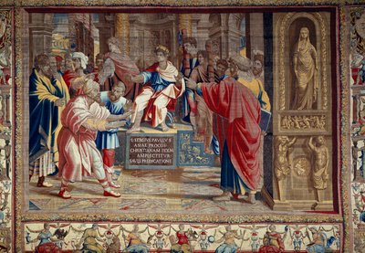Livet til apostelen Peter og Paulus: "" straffen til Barjesu (Elymas) jødisk magiker som motarbeidet Paulus og var midlertidig blind""" Scenen finner sted foran den romerske prokonsul Lucius Sergius Paulus og Saint Barnaba. Du kan se inskripsjonen i av after Raphael