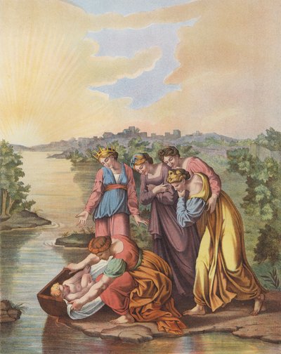 Moses blir reddet fra Nilens vann (farge litho) av after Raphael